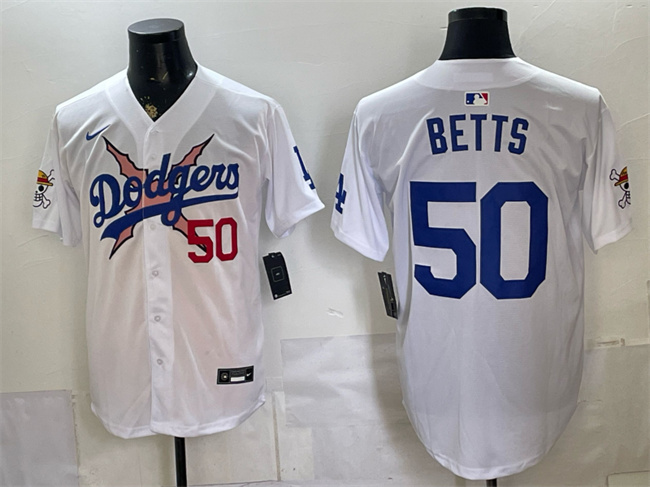 Men's Los Angeles Dodgers x One Piece #50 Mookie Betts White Vapor Premier Limited Stitched Baseball Jersey Men's Los Angeles Dodgers x One Piece #50 Mookie Betts White Vapor Premier Limited Stitched Baseball Jersey